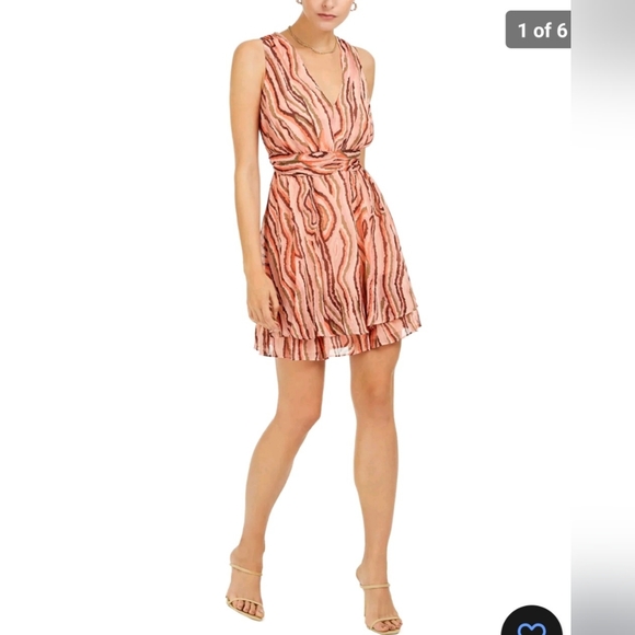 Macy's Bar III Women's Ruched Waist, Tiered Hem, Mini Dress, Woodcut Print - Picture 6 of 8